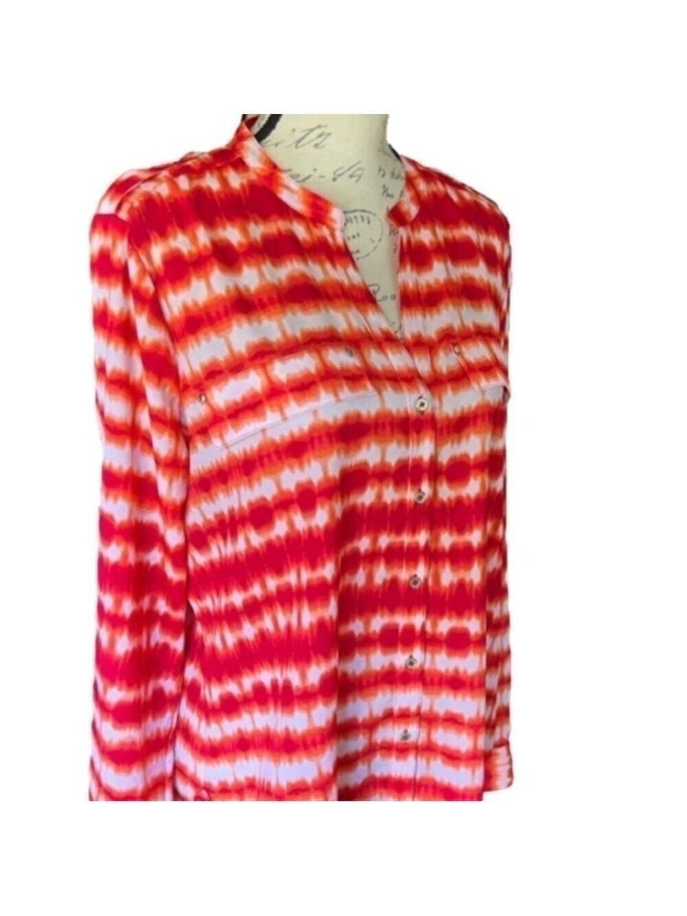 Calvin Klein buttonup Blouse-stunning red tie die- incredibly soft and chic Med.